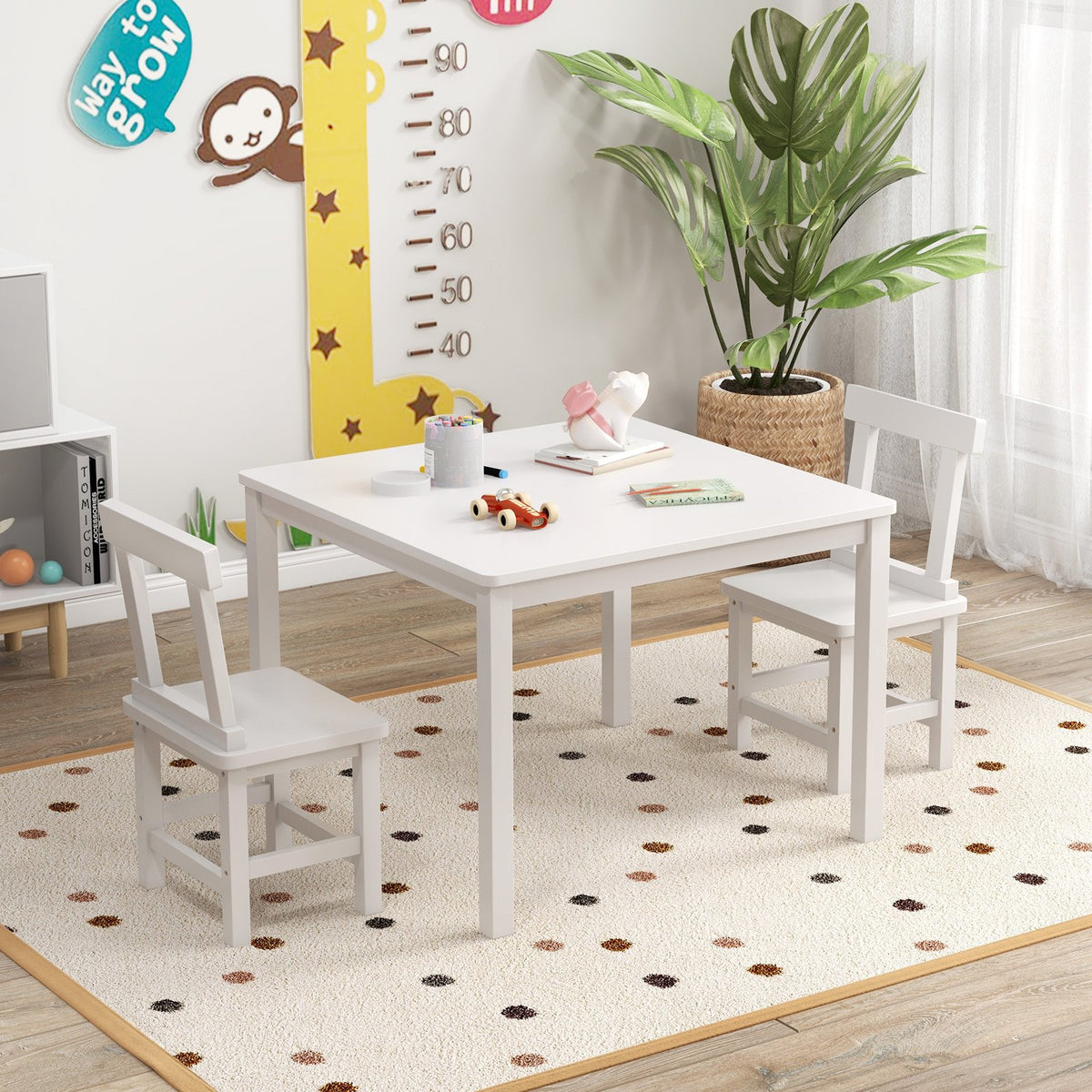Wooden Kids Table and 2 Chairs Set with Anti-slip Foot Pads-White view 2