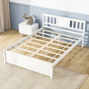 Wooden Platform Bed with Headboard and Wood Slat Support White-Full Size view 6