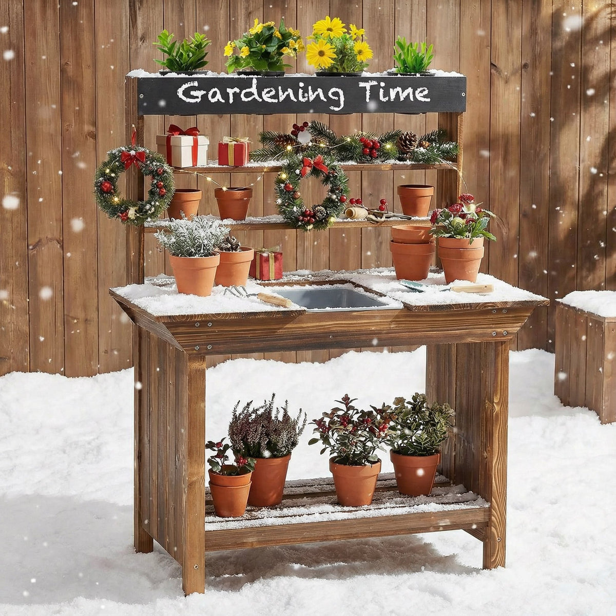 Wooden Potting Bench Table Outdoor Mud Kitchen with Solid Fir Wood Frame-Natural view 2