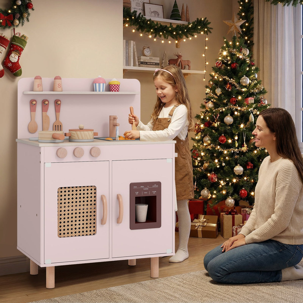 Wooden Pretend Kitchen Playset with Realistic Ice Maker-Pink view 2
