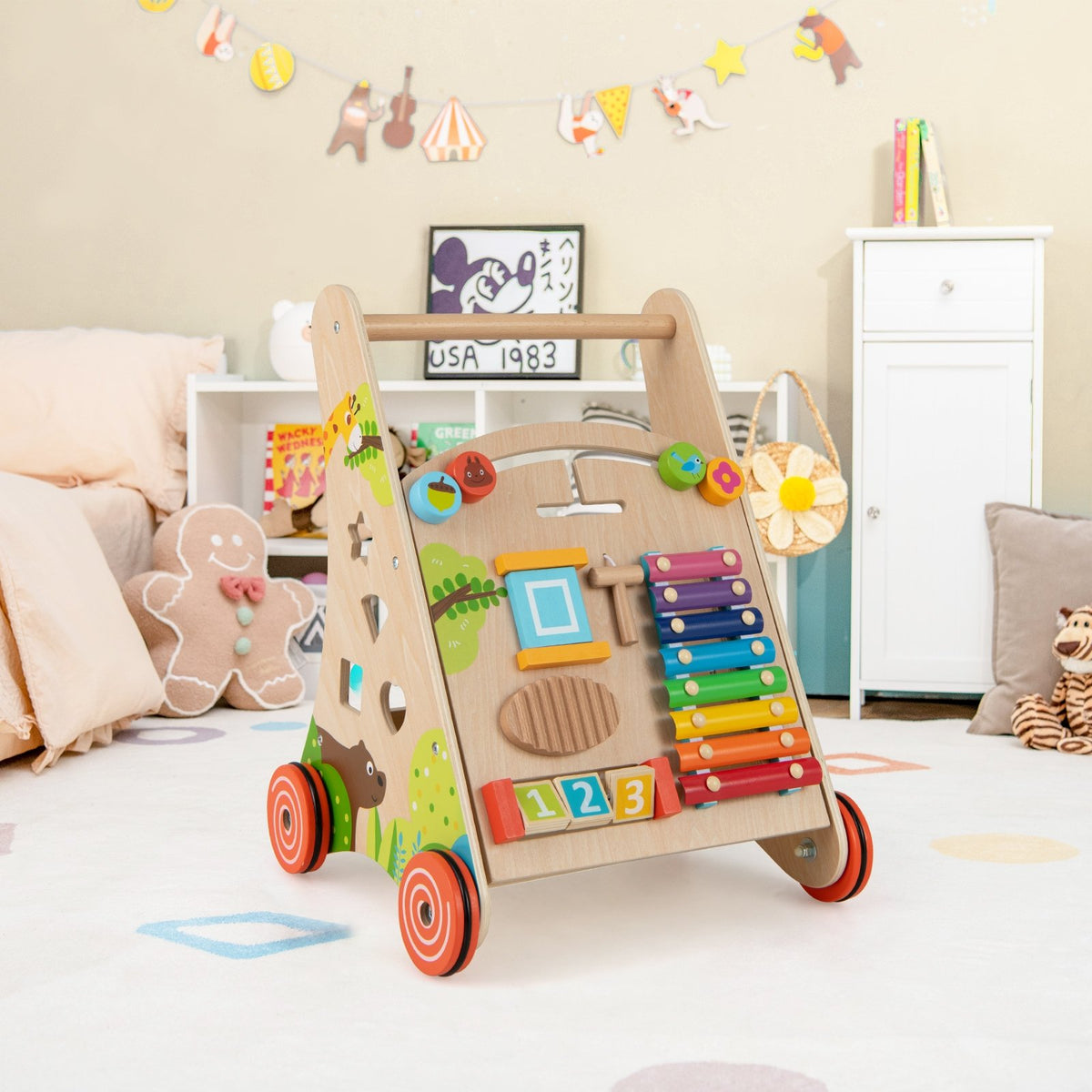 Wooden Push and Pull Baby Walker with Handle and Storage-Natural view 2