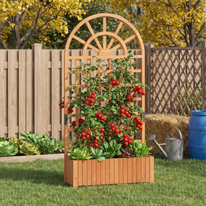 Wooden Raised Garden Bed with Trellis 71 inches Outdoor Planter Box Privacy Screen-Brown view 2
