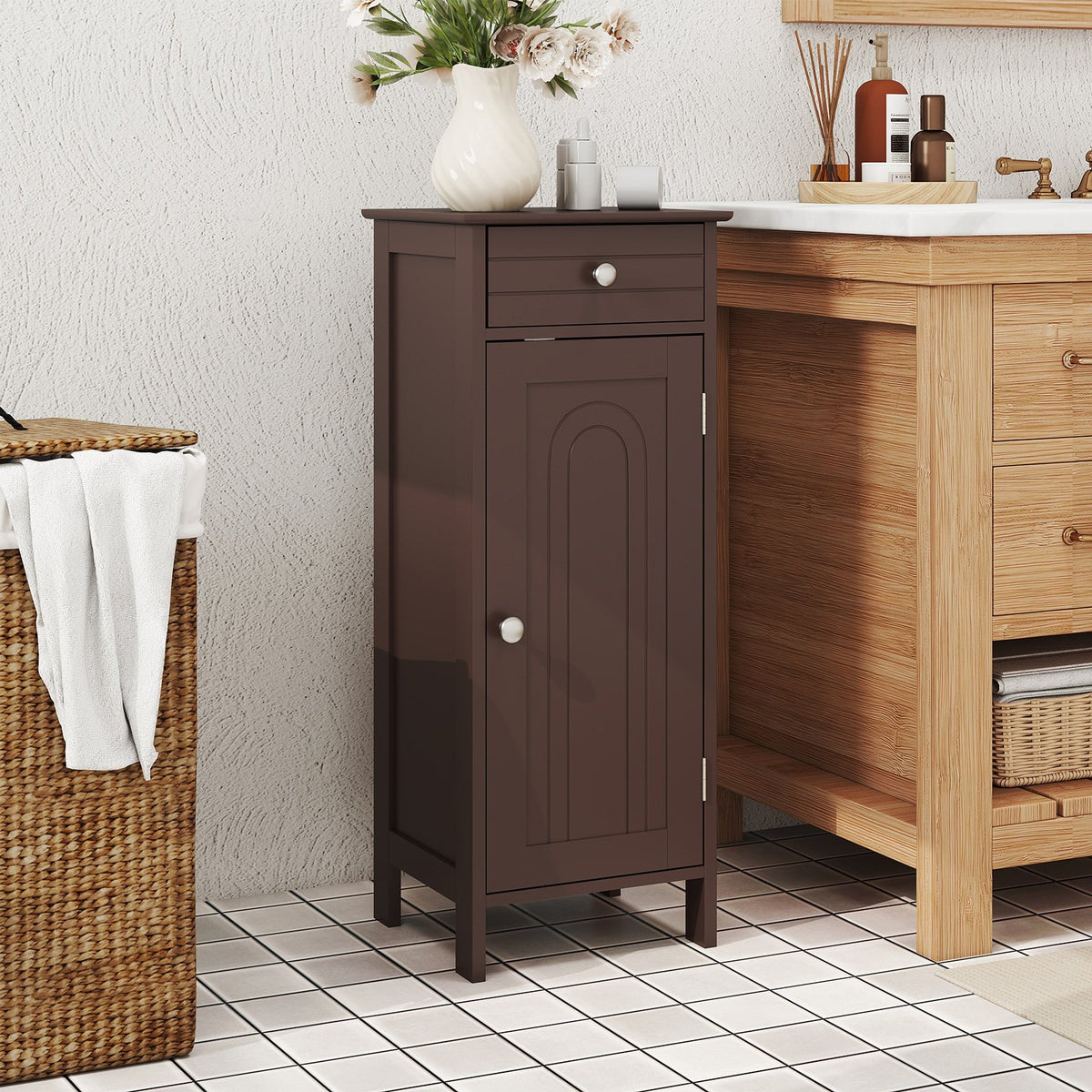 Wooden Storage Free-Standing Floor Cabinet with Drawer and Shelf-Brown view 2