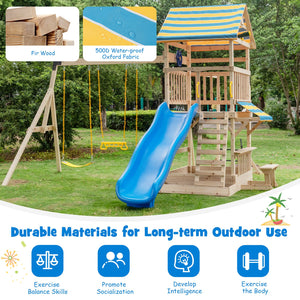 Wooden Swing Set with Large Upper Deck Slide and Steering Wheel view 8