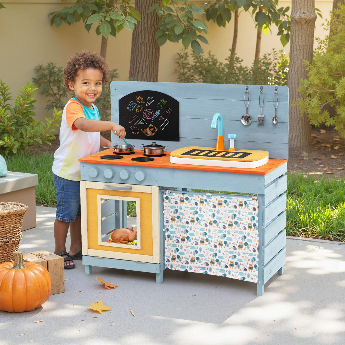 Wooden Toy Kitchen Playset with Removable Circulation Faucet and Cooking Accessories-Blue view 2