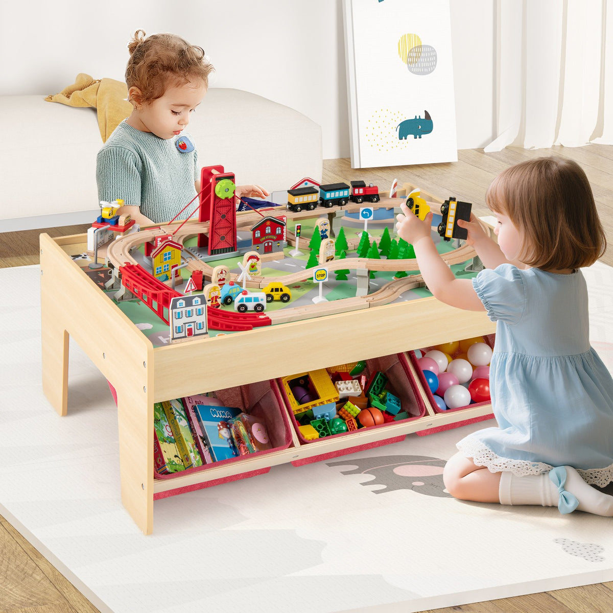 Wooden Train Set Table Kids Multipurpose Activity Play Table with 2 Reversible Tabletops-Red view 2