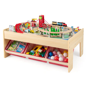 Wooden Train Set Table Kids Multipurpose Activity Play Table with 2 Reversible Tabletops-Red view 3