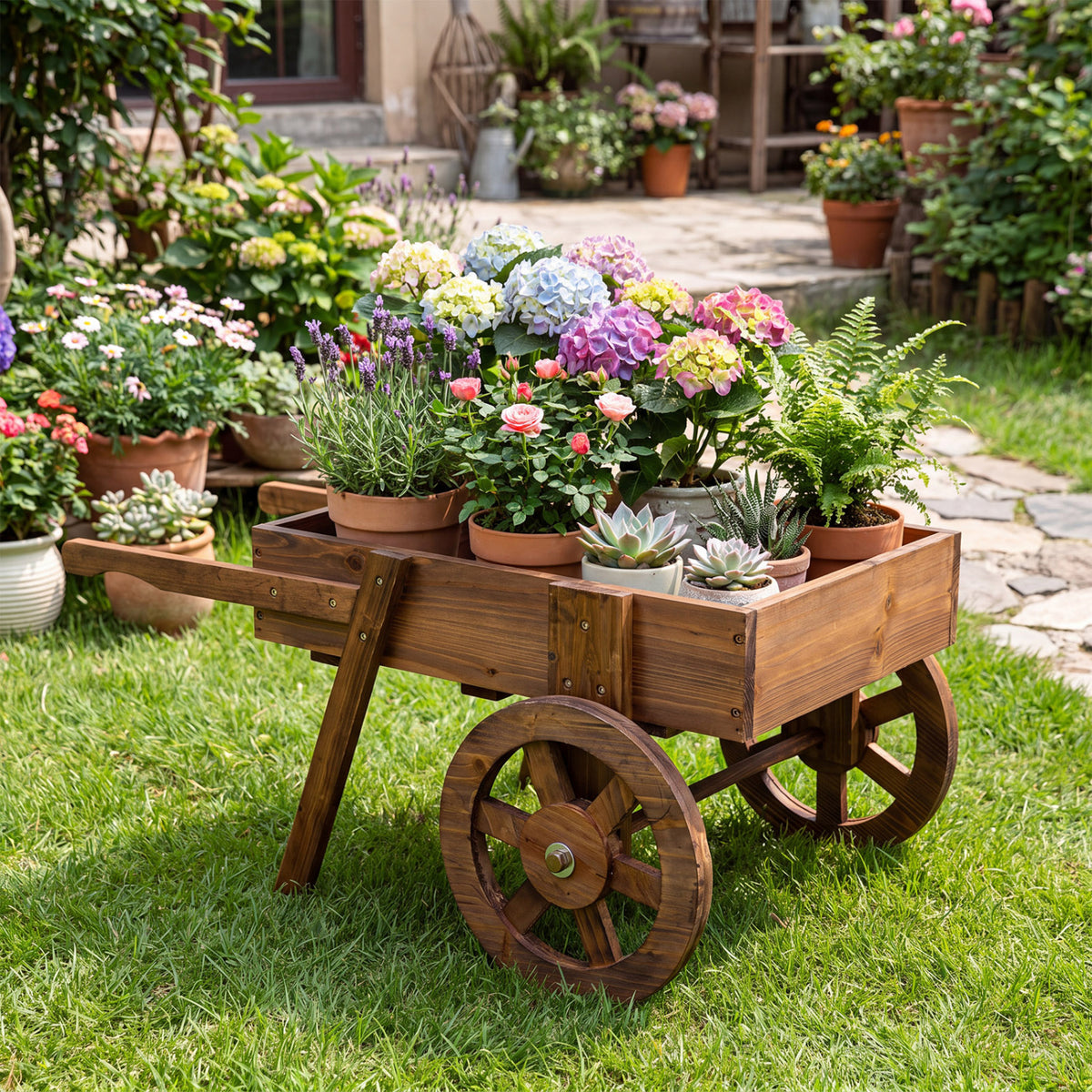 Wooden Wagon Planter with Wheels for Indoor and Outdoor Use-Brown view 2