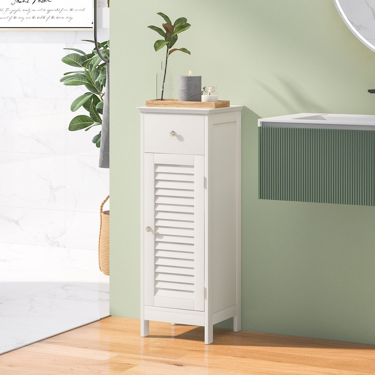 Woodern Bathroom Floor Storage Cabinet with Drawer and Shutter Door-White view 2
