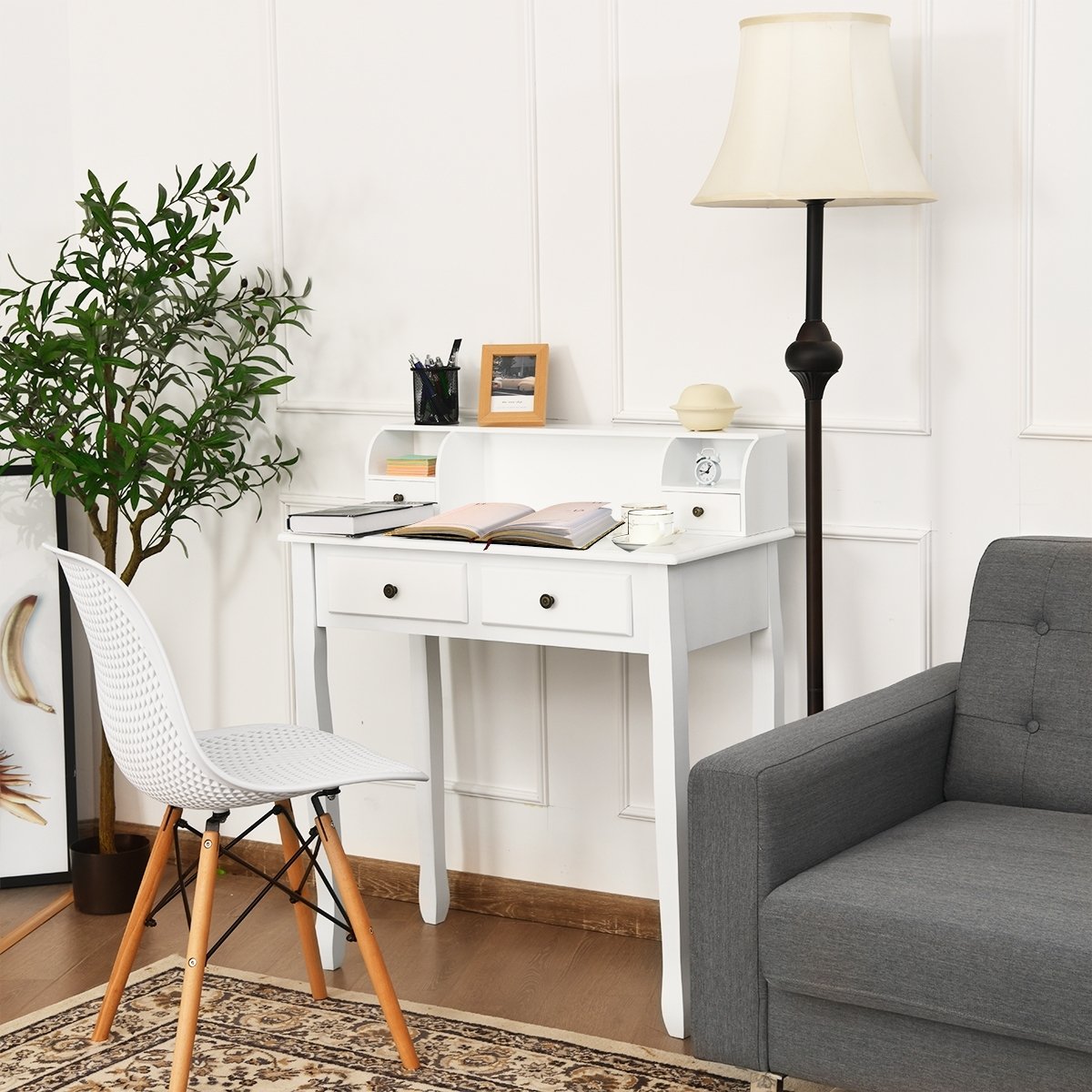 Writing Desk 2-Tier Vanity Desk Computer Desk with 4 Drawers-White view 2
