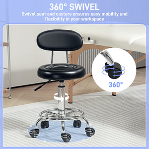 Adjustable Stool, Rolling Stool, 360° Rotate, with Backrest and Wheels, Black