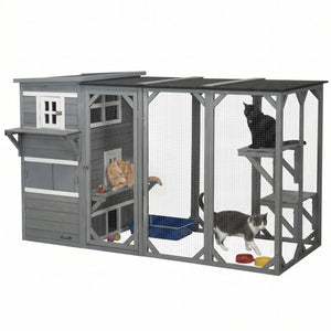 Wooden Cat Catio, 76"L Walk in Outdoor Cat House with Asphalt Roof, Platforms, Lockable Doors
