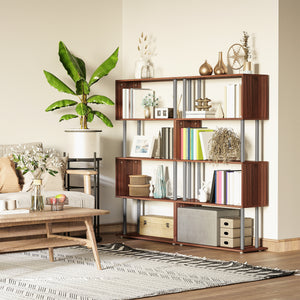 5-Tiers Geometric Wooden Bookcase S-Shaped Storage Bookshelf Display with Metal Frame for Living Room, Bedroom, Home Office, Walnut