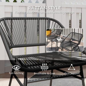 3 Piece Bistro Set, Wicker Outdoor Patio Furniture Set with Glass Top Table, Cushions for Balcony, Porch, Black