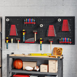 38 Piece Metal Peg Board with Accessories, Shelf Tool Organizer, Black and Red