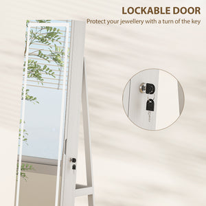 Jewelry Cabinet with Full Length Lockable Mirror, Standing Jewelry Armoire Organizer with LEDs, White