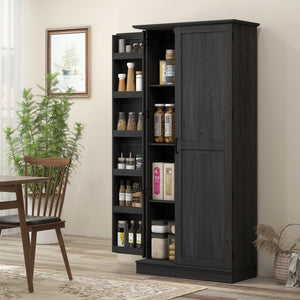 70" Tall Kitchen Pantry Cabinet with Door Shelves and Adjustable Shelves, Black Wood Grain