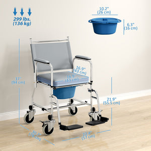 Rolling Shower Chair, Bedside Commode Wheelchair with Padded Seat, Backrest, for Seniors, Disabled, 300 lbs, Grey