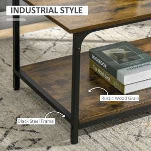 Industrial Coffee Table with Storage Shelf, 2-tier Center Table for Living Room, Rustic Brown