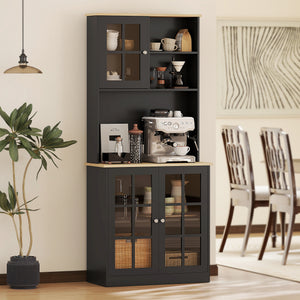 Kitchen Buffet with Hutch, Storage Pantry with 3 Cabinets, 2 Open Shelves and Large Countertop, Black