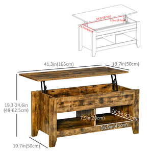Lift Top Coffee Table with Hidden Storage Compartment and Open Shelves, Lift Tabletop Pop-Up Center Table for Living Room, Dark Walnut