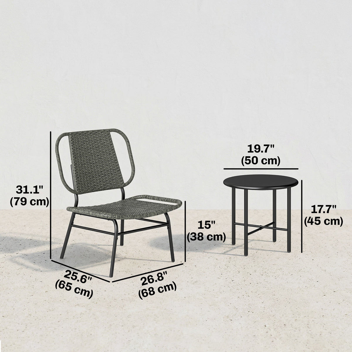 3 Piece Wicker Patio Furniture Set, Outdoor Bistro Set with Steel Table, Rattan Outdoor Conversation Furniture, Grey