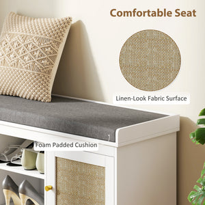 Shoe Bench with Padded Cushion, Boho Entryway Bench with Rattan Doors and Adjustable Shelves, Holds 9 Pairs, White