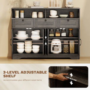 Sideboard, Buffet Cabinet with 4 Barn Doors and 3 Drawers, Coffee Bar Cabinet with Adjustable Shelves, Black – view 11