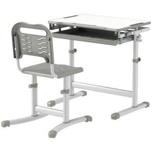 Qaba Height Adjustable Study Table and Chair Set with Drawer, Pen Slot, Tiltable Desktop, Hook