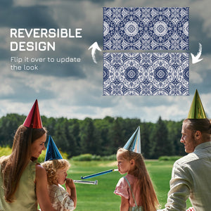 Portable Outdoor Rug with Carry Bag, 9' x 18' Reversible Mat, Waterproof Plastic Straw RV Rug for Backyard, Deck, Picnic, Beach, Camping, Blue & White Flower