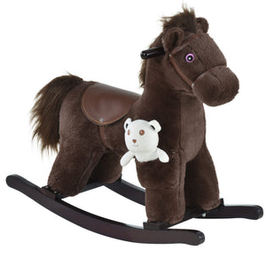 Qaba Kids Rocking Horse Plush Animal on Wooden Rockers with Sounds, Wooden Base and Bear Toy, Baby Rocking Chair
