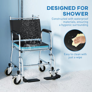Rolling Shower Chair, Bedside Commode Wheelchair with Padded Seat, Backrest, for Seniors, Disabled, 300 lbs, Black