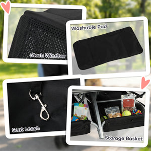 Double Pet Stroller, Foldable Dog Stroller with 2-Seater Carrier, Sunshade, Removable Pad, Safety Belt, Storage Basket