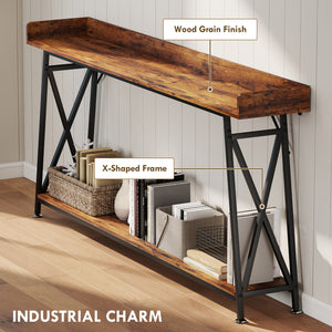 71" Extra Long Console Table with Storage Shelf and Guardrails, Industrial Entryway Table for Living Room, Rustic Brown