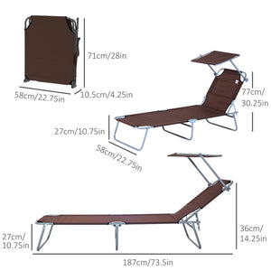 Outdoor Lounge Chair, Adjustable Folding Chaise Lounge, Tanning Chair with Sun Shade for Beach, Camping, Hiking, Backyard, Brown