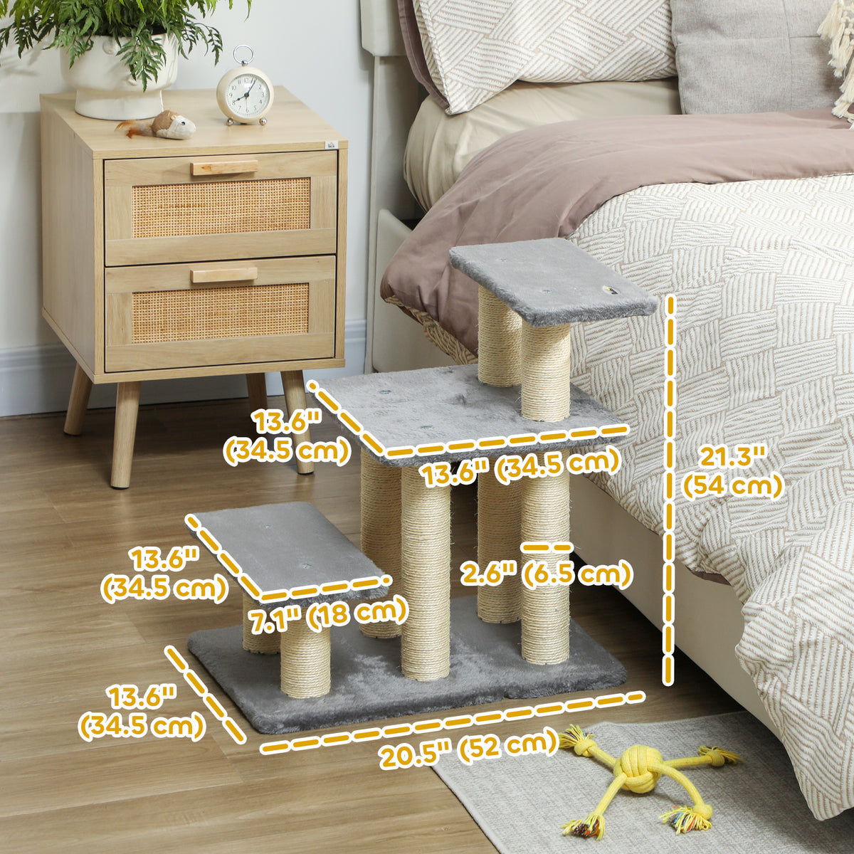 Cat Stairs with 2 Sisal Scratching Post for High Bed Couch, Adjustable 3-Tier Pet Stairs, White & Grey