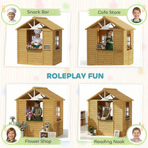 Qaba Outdoor Playhouse, Wooden Kids Playhouse with Door, 3 Windows, 2 Flower Boxes for Garden, Indoor Playroom, Ages 3–8