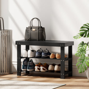 Bamboo Shoe Storage Bench, 3-Tier Entryway Bench with 2 Storage Shelves for Hallway, Holds 6 Pairs, Black – view 7