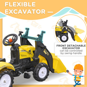 Aosom Front Loader Excavator Ride On Toy Pedal Control with 6 Wheels Controllable Bucket for 3 Years Old, Yellow