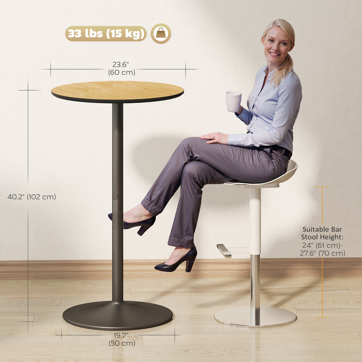 Round Table for 2, 40.2 Inch Bar Height Pub Table with Steel Frame, Non-Slip Base for Living Room, Kitchen, Natural Wood
