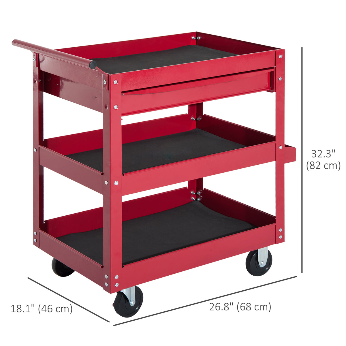 3-Tier Rolling Tool Cart with Drawer and Side Box, 132 LBS Capacity Steel Utility Cart, Mobile Service Tool Organizer for Garage, Warehouse, Workshop, Red