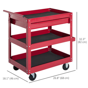 3-Tier Rolling Tool Cart with Drawer and Side Box, 132 LBS Capacity Steel Utility Cart, Mobile Service Tool Organizer for Garage, Warehouse, Workshop, Red