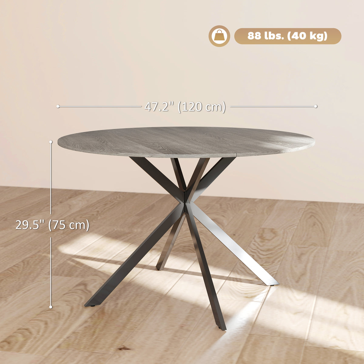 47" Round Kitchen Table for 4, Industrial Dining Table with Steel Legs for Dining Room, Grey Wood Grain and Black