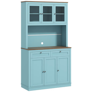 71" Pantry Cabinet with Microwave Space, Buffet with Hutch, 2 Drawers, Adjustable Shelves and Glass Doors