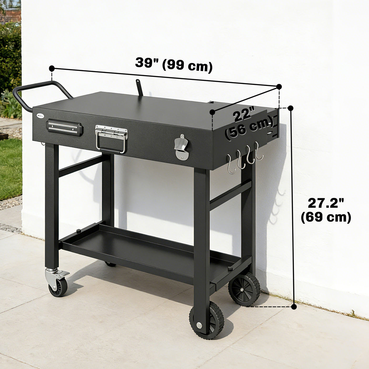Outdoor Grill Cart, Folding Grill Table with Magnetic Knife Holder, Hooks, Spice Rack, Paper Rack, Black