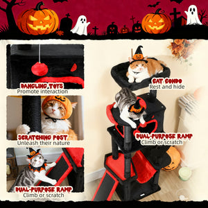 Gothic Cat Tree, 60" Tall Cat Tower with Coffin Bed, Sisal Scratching Posts & Ramp, Condo, Hammock, Perches, Black
