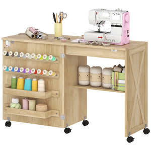 Sewing Machine Table on Wheels, Folding Craft Table with 2 Bins, Storage Shelf, 18 Pegs, Lockable Wheels โ view 8
