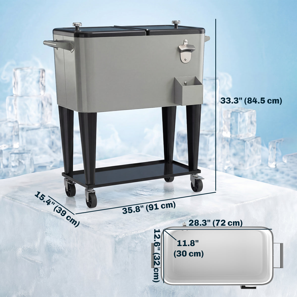 80 Quart Rolling Patio Cooler Cart with Storage Shelf, Patio Cooler with Locking Wheels, Bottle Opener & Cap Catcher