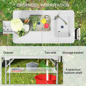 Folding Fish Cleaning Table with Sinks, Camping Sink with Faucet Drainage Hose Sprayer Shelf, Grey – view 5