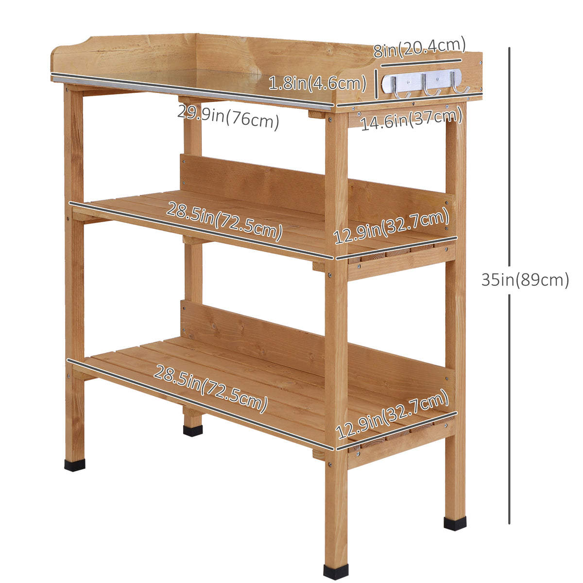 Outdoor Garden Wooden Potting Bench Work Station Table Tool Storage Shelf w/ Hooks, Natural – view 2